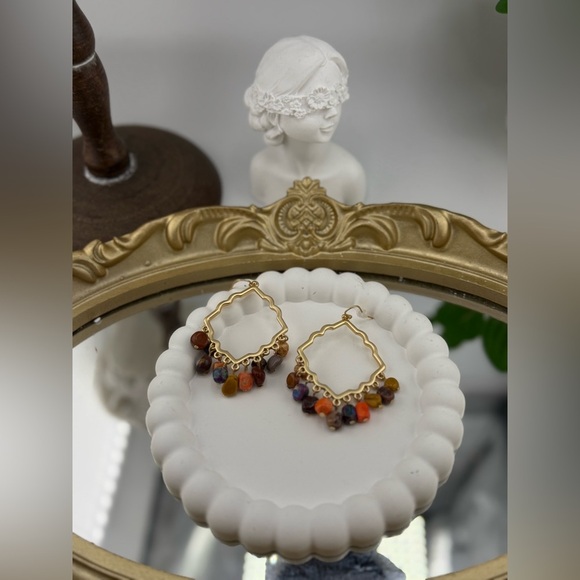 Boho Chic Multicolor Gemstone Dangle Earrings – Gold Frame ✨🌈 - Picture 3 of 5